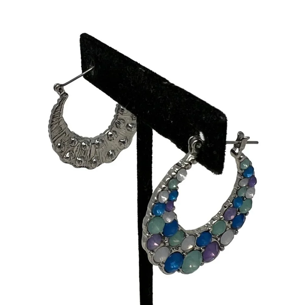 Hoop Earrings Silvertone Purple Blue White Faceted Bubble‎ Hinged Back